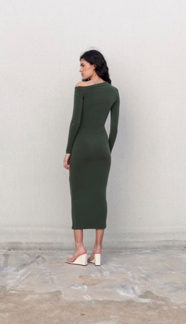 VESTIDO CAQUI ASIMETRICO MIDI